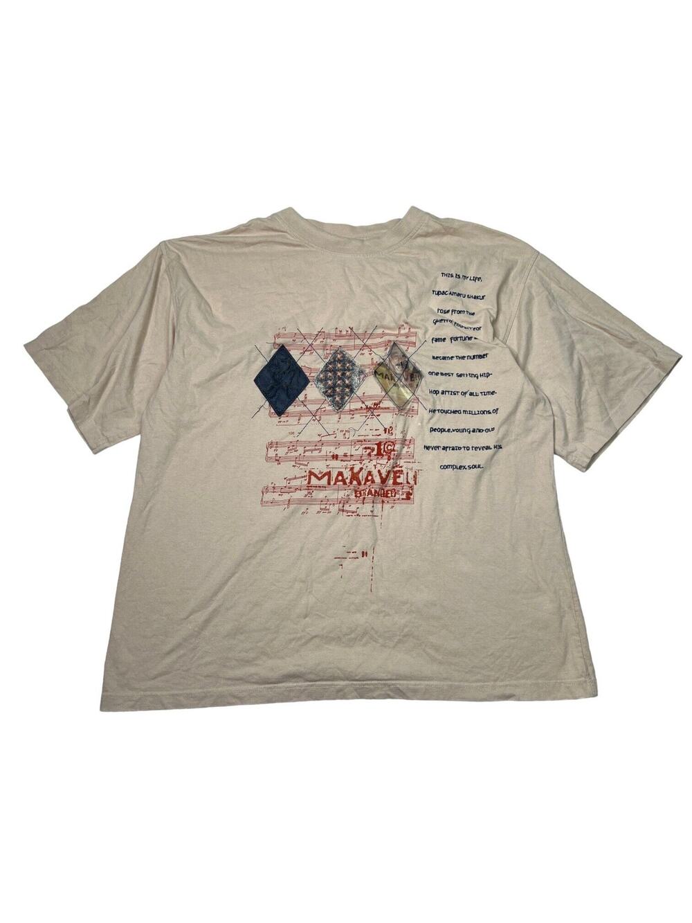 Makaveli Tupac VTG Y2K Embroidered Tee T-Shirt Rap Hip Hop FLAW Tan Mens 3X